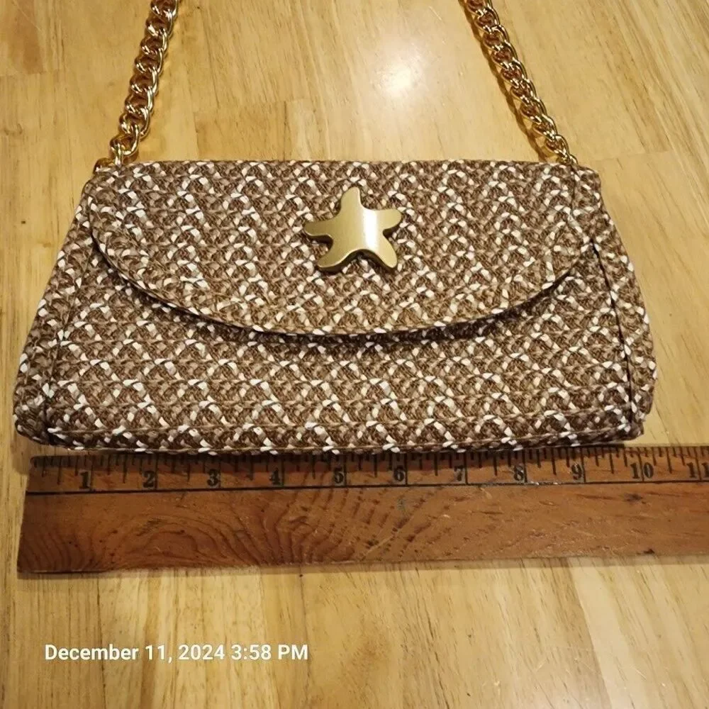 Unbranded Womens Woven Paper Straw Clutch Gold Chain Removable Strap w/Star Logo - Picture 4 of 8